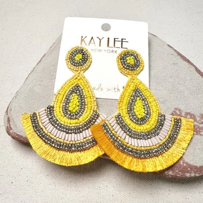 NWT Kay Lee Seed Beaded Southwestern Boho Yellow Earrings Handmade - Image 1 of 4