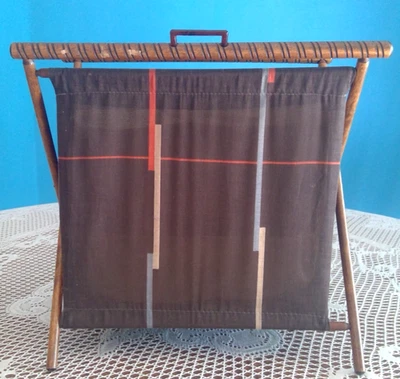 Vintage wooden folding yarn/sewing caddy w/lined cloth container 14" x 16" - Image 1 of 4