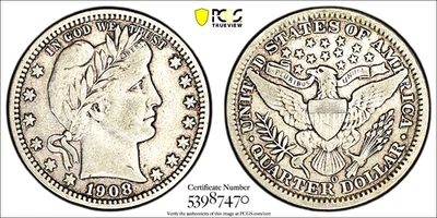 1908-O BARBER QUARTER / PCGS VF35 / HARD TO FIND / PRISTINE / REGISTRY QUALITY - Image 1 of 4