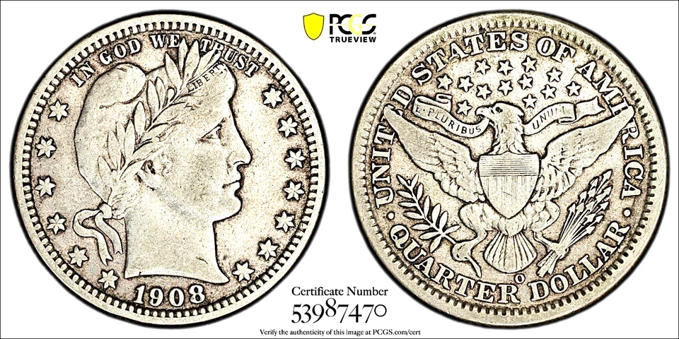 1908-O BARBER QUARTER / PCGS VF35 / HARD TO FIND / PRISTINE / REGISTRY QUALITY - Image 1 of 4