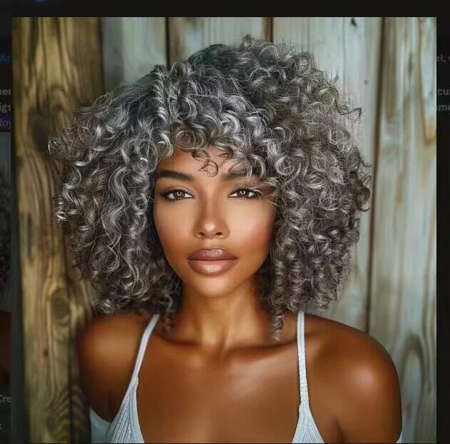 Peluca rizada afro gris ombre con flequillo sintético para mujer moda fiesta Foto 1 de 4