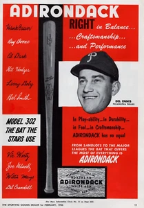 Bate de béisbol 1956 Del Ennis MLB Adirondack 302 anuncio impreso ceniza blanca - Imagen 1 de 2