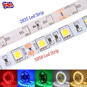 LED Strip Lights 12V 5m RGB 5050 2835 Colour Changing Tape Cabinet TV Lighting - Picture 1 of 18