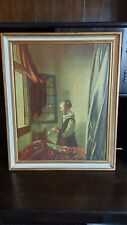 VERMEER PAINTING GIRL READING A LETTER VINTAGE REPRODUCTION 1970S IN WHITE FRAME