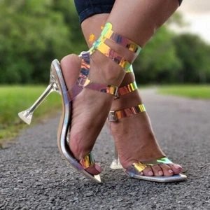 Sandal Heel Hologram Open Toe Toe Strappy Pumps (Size 7) - Picture 1 of 6