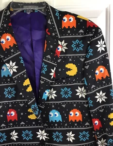 Suitmeister Pac-Man Sport Coat Mens Small 38 Slim Fit Black Christmas Blazer - Picture 1 of 9