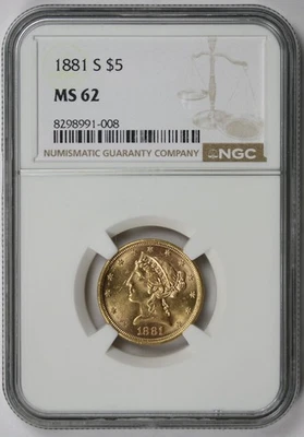 1881-S Liberty Head Half Eagle Gold $5 MS 62 NGC - Image 1 of 4