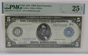 1914 $5 Federal Reserve Note San Francisco Fr#891a PMG 25 EPQ Very Fine - Picture 1 of 2