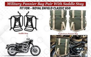 For Royal Enfield "Classic 650 Light Green Pannier Bag Pair With Saddle Stay" - Picture 1 of 16