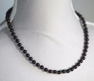 BLACK AGATE & RED LINED SEED BEADED NECKLACE & EARRING SET ~ 19" IN LENGTH - Picture 1 of 5