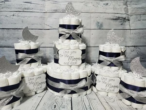 3 Etagen Windeltorte und Sets - Love you to the Moon Silber Marine Silber Gold Sackleinen - Bild 1 von 39