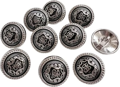10PC Antiqued Silver Shield Buttons: Metal Shank Buttons for Sewing Crafts 15mm - Image 1 of 4