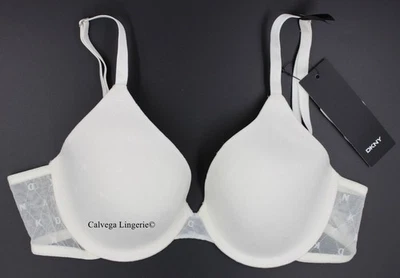 NUEVO CON ETIQUETAS DKNY DK7501 "Monograma" Copa Completa, Acolchado, Camiseta Logo Malla Sujetador, Blanco (LUS) Foto 1 de 4