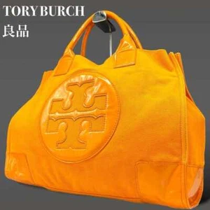 TORY BURCH Tote Shoulder Bag Logo Canvas Leather Orange Women's USED FROM JAPAN - Picture 1 of 10