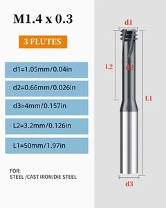 0,04 Zoll Blattdurchmesser Nuten Vollhartmetall Gewinde Schaftfräser AlCrN beschichtet - Bild 1 von 6