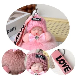 Cute Plush Keychain Sleeping Baby Doll Keychain Plush Pompom Keyring Toy Pendant - Picture 1 of 21
