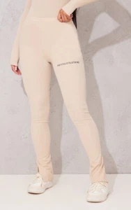 PRETTYLITTLETHING Women's Crinkle Rib Split Hem Leggings-Stone-(US8)NEW - Picture 1 of 10
