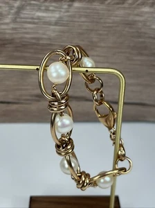 Bronze Honora Italy Signed Chunky Rose Gold & Pearl Women Bracelet 8" - Picture 1 of 4