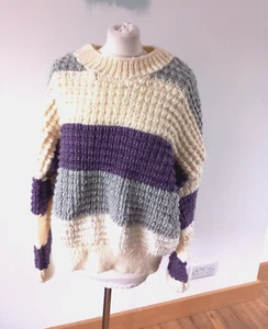 Damen OVERSIZED Pullover gestreift handgestrickt Grobstrick Wolle 14 16 18 Aran Zopfmuster - Bild 1 von 7