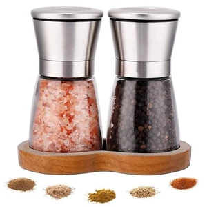 Salt and Pepper Grinder Set with Wooden Tray - Refillable Short Glass Shakers - Picture 1 of 6