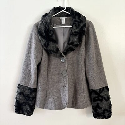 Soft Surroundings Coat Large Wool Jacket Gray Button Black Accent Sleeves Collar - Image 1 of 4