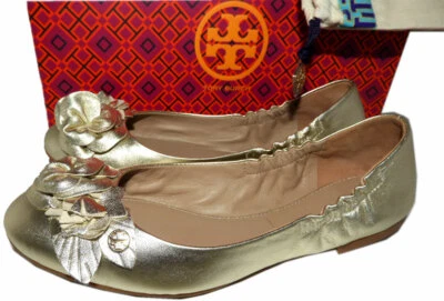 Sapatos Tory Burch Ballet Flats BLOSSOM Bailarina Couro Dourado Logotipo Dourado Tamanho 7.5 - Imagem 1 de 4