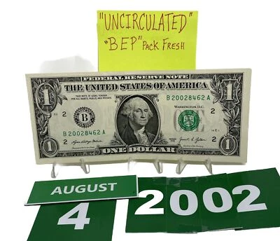 Birthday Note Dollar August 4 2002. Fancy Serial Number UNCirculated BEP Fresh - Image 1 of 4