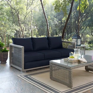 Modway Modern Outdoor Patio Furniture Wicker Rattan Cushioned Sofa in Gray Navy - Picture 1 of 9