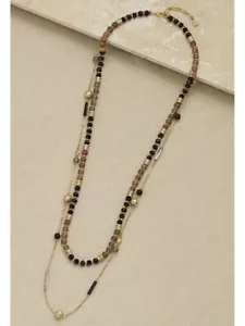 Envy Jewellery Long Gold Double Layer Womens Necklace Gift Bag (Black/Taupe) - Picture 1 of 1
