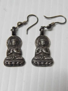 ANTIQUE VINTAGE ASIAN BUDDHA STERLING SILVER EARRINGS - wonderful design - Picture 1 of 4