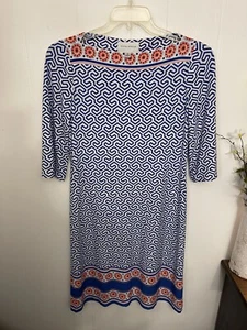 Donna Morgan 8 Blue & White Elbow Sleeve Stretchy Knit Dress EUC LKN - Picture 1 of 4