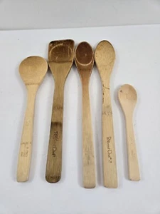 5 Pampered Chef Bamboo Spoons Mixed Sizes Shapes Wood Cooking Set Lot Variety - Picture 1 of 4