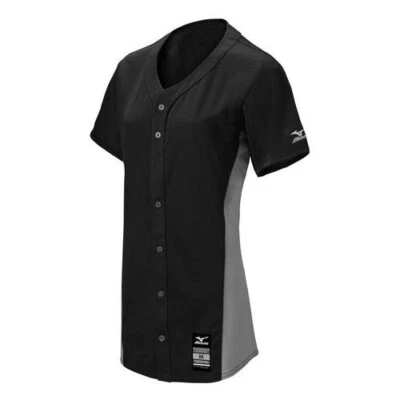 Camiseta deportiva profesional de juego de softbol con botones completos Mizuno para mujer, 350581, negra/gris, talla S Foto 1 de 4