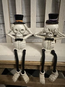 2 TRANSPAC Halloween Shelf Sitters Skeleton Hear No Evil, See No Evil Set Decor - Picture 1 of 7