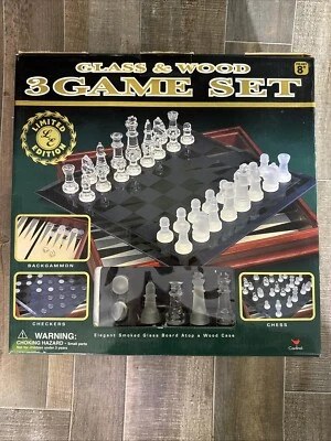 GLASS & WOOD 3 GAME SET CHESS - CHECKERS - BACKGAMMON CARDINAL MODEL 82-25 NIB - Image 1 of 4