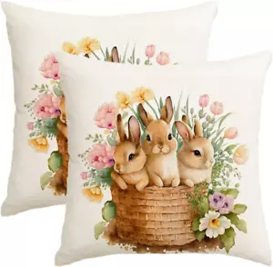 Easter Pillow Covers 18X18 Inch,Flowers Rabbits Bunny Tulip Throw Pillows,Spring - Picture 1 of 12