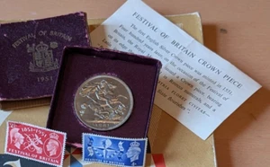 FESTIVAL de Gran Bretaña Moneda Corona de Plata 1951 Caja Antigua Certificado de Autenticidad Estampillas Antiguas De Colección Reino Unido - Imagen 1 de 9