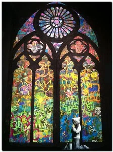 BANKSY STREET ART CANVAS PRINT Hooded guy Pray Cathedral 24"X 16" stencil poster - Imagen 1 de 1