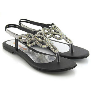 Womens Flat Sandals Diamante Toe Post Ladies Slingback Dress Holiday Shoes 3-9