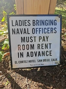 VINTAGE NAVY OFFICER  PORCELAIN SIGN OLD HOTEL ROOMS FOR RENT, SAN DIEGO 12 X 12 - Picture 1 of 8