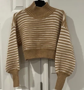 Cider Cropped Striped Turtleneck Chunky Sweater Tan White Women’s Medium  - Picture 1 of 4