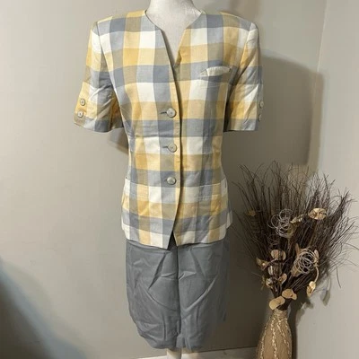 De Colección Kasper Para ASL 2 piezas Falda Traje A Cuadros Gris Amarillo Mezcla de Lino Chaqueta Forrada 14 Foto 1 de 4