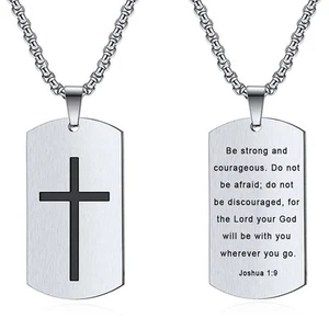 Stainless Steel Cross Tag Necklace for Men, Bible Verse Joshua 1:9 Military D... - Picture 1 of 6