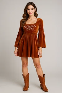 Vestido Miss Me Mujer L Marrón Terciopelo Floral Calce Ajustado N Acampanado Western Babydoll - Imagen 1 de 16