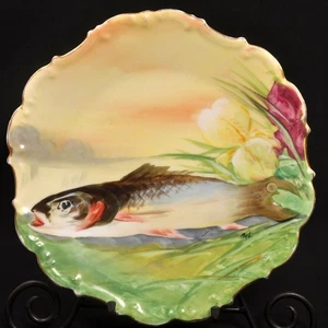 Limoges Flambeau Fish Charger 11" Plate Artist Signed MAB Yellow Gold 1890-1914 - Picture 1 of 12