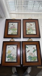 4X PLACAS DE PORCELANA CHINA ANTIGUA FAMILLE ROSA CON MARCO MADERA DE ROSA **RARA** - Imagen 1 de 12