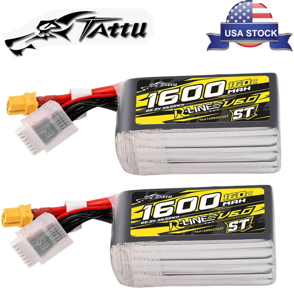 2X Tattu R-Line Version 6.0 1600mAh 160C 6S 22.2V ST Lipo Battery With XT60 Plug - Image 1 of 4