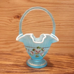 Fenton Hand Painted Charleton Collection Blue Basket Glass Signed Bill Fenton - Picture 1 of 8