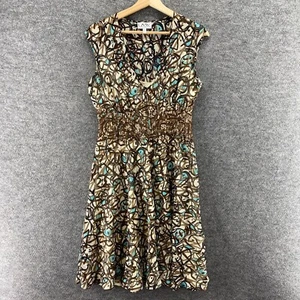 Carmen Marc Valvo Dress Women 6 Brown Geometric Sheath Midi V-Neck Silk Casual - Picture 1 of 7