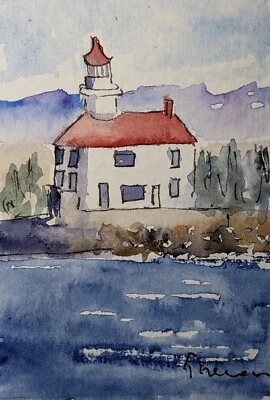Wisconsin Point Lighthouse - Original art Unmatted ACEO watercolor painting - Image 1 of 3
